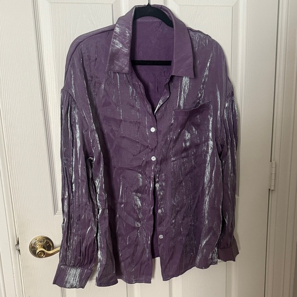 Purple and Silver metallic Button-Up Shirt XL - Picture 1 of 4